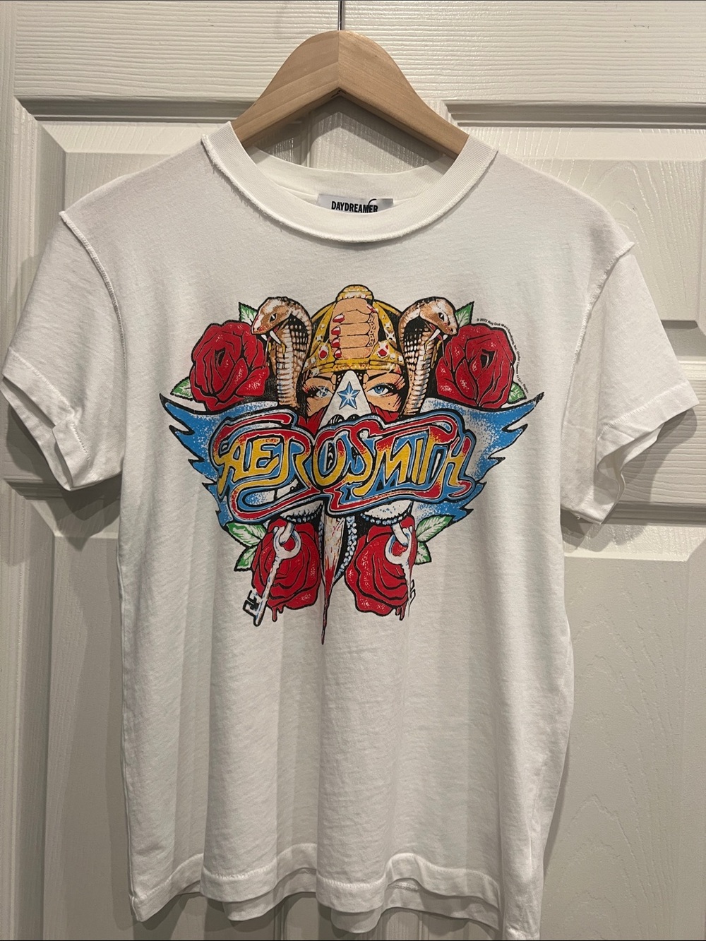 Daydreamer White Aerosmith Graphic Tee with Red Rose Motif